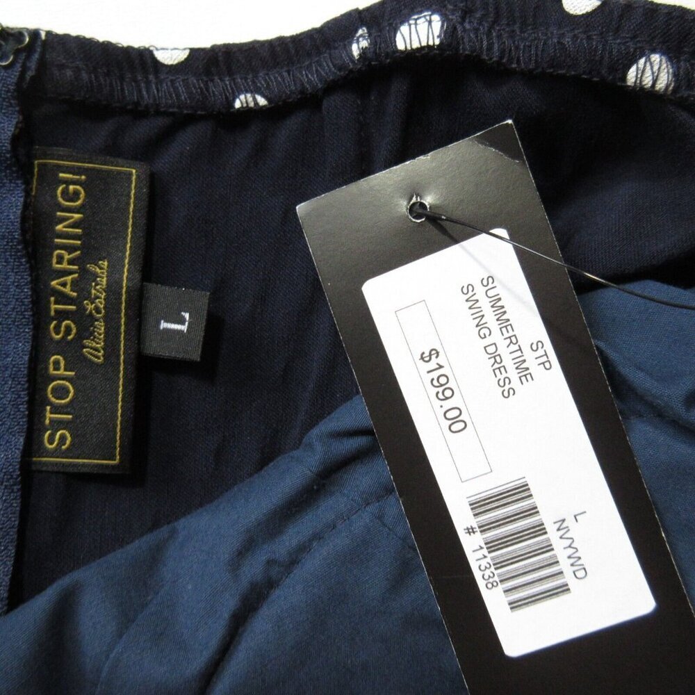 NWT Stop Staring! Summertime Swing Dress in Navy Polka Dot Rockabilly Pinup L - Picture 3 of 5